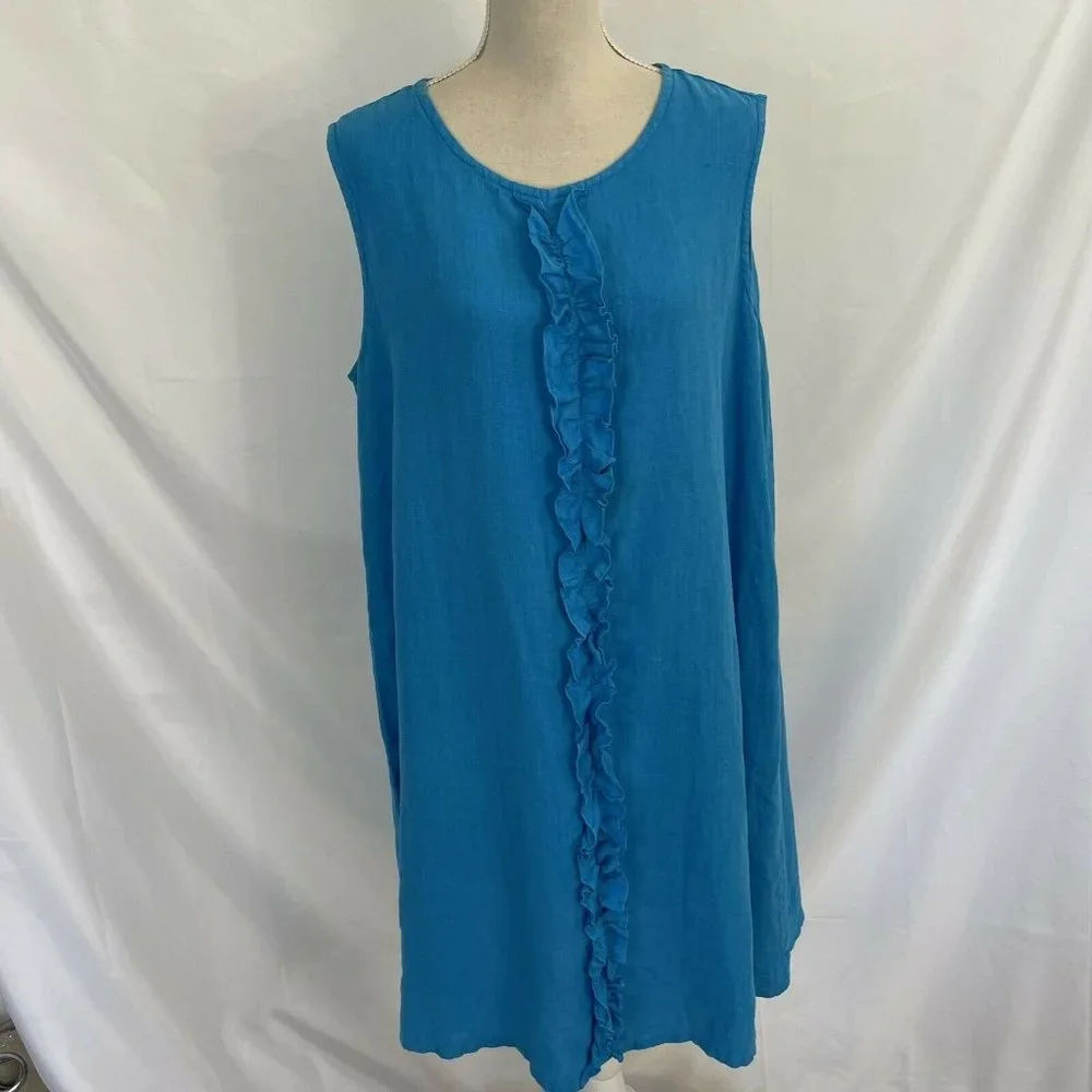 Bryn Walker Linen Blue Midi Dress LARGE Sleeveless Ruffle Front Lagenlook - Picture 1 of 7